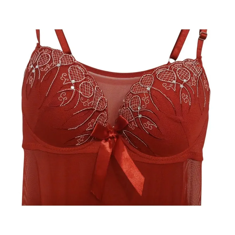Babydoll Lingerie Sz M Red Semi Sheer Lace Padded Rhinestone Embroidered‎ Ruffle - Picture 2 of 12